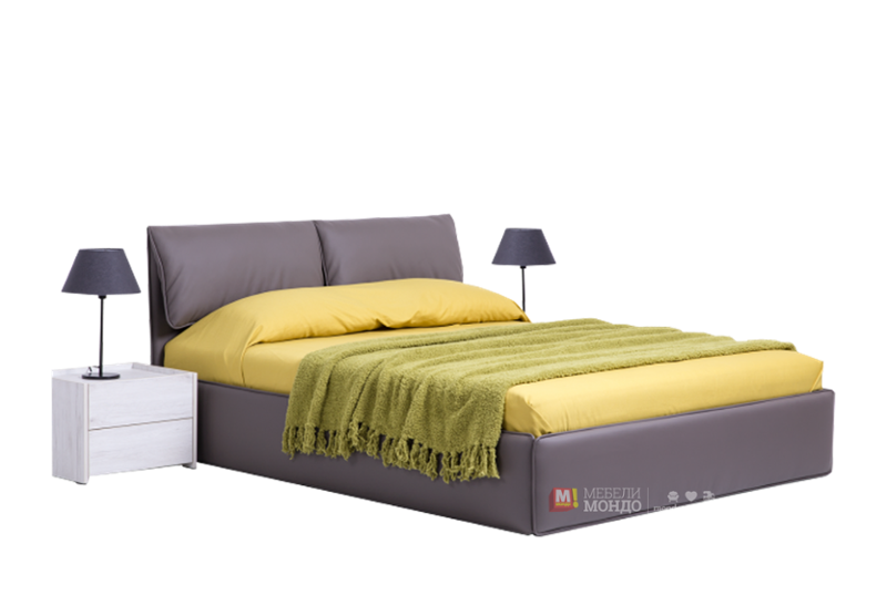 КОжена спалня в сив цвят с меки възглавници на таблата