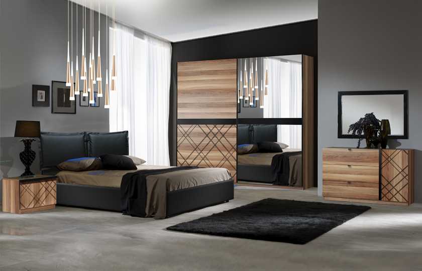 Модерна спалня в цвят черно и дърво